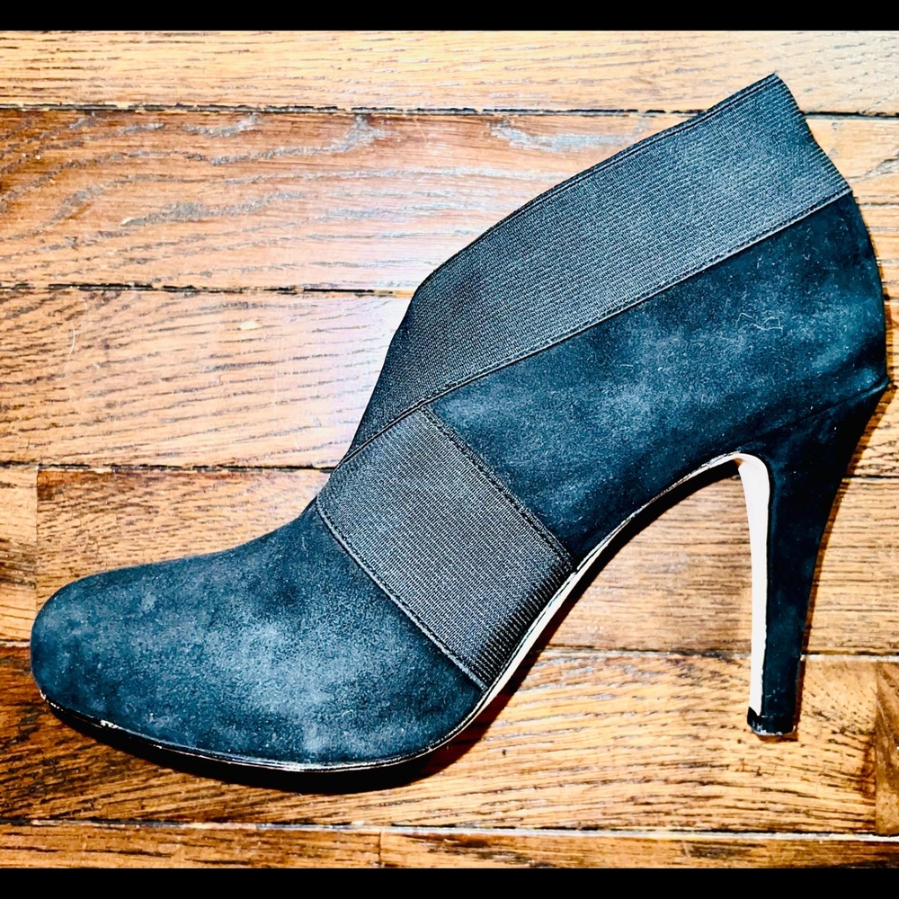 Saks Fifth Avenue Black Suede Heeled Bootie with Elastic Trim